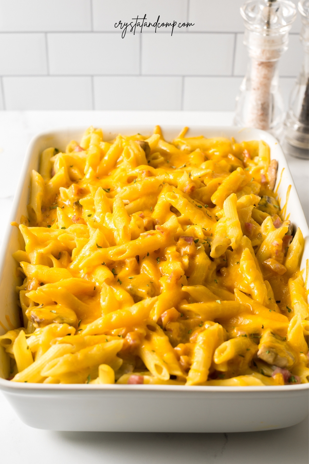 ham and cheese pasta bake in casserole pan