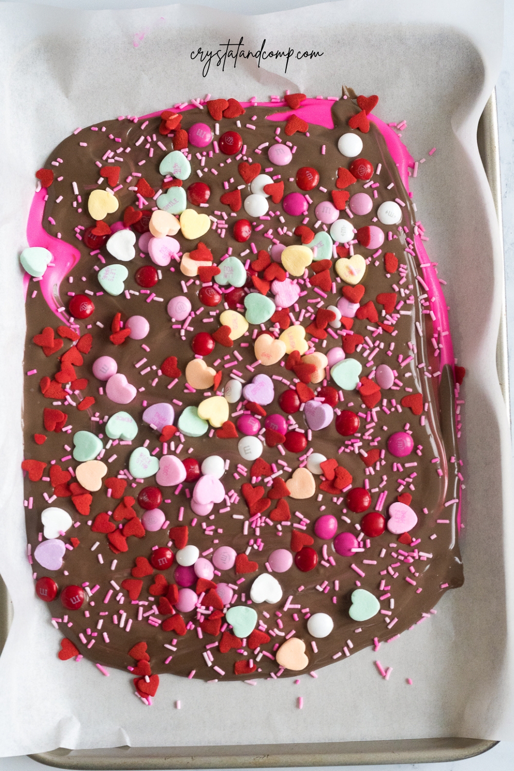 valentine candy bark on cookie sheet