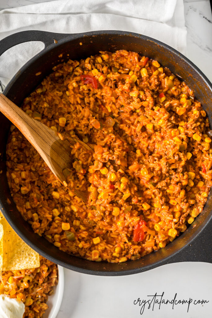 beefy mexican rice in skillet