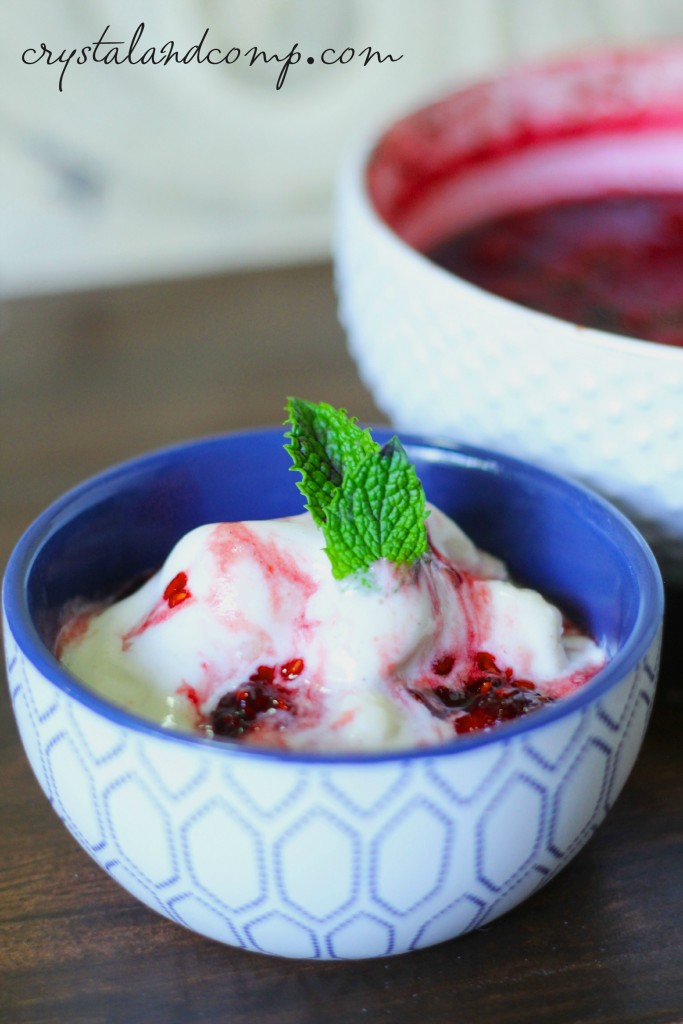 dairy free ice cream with raspberry sauce topping with name