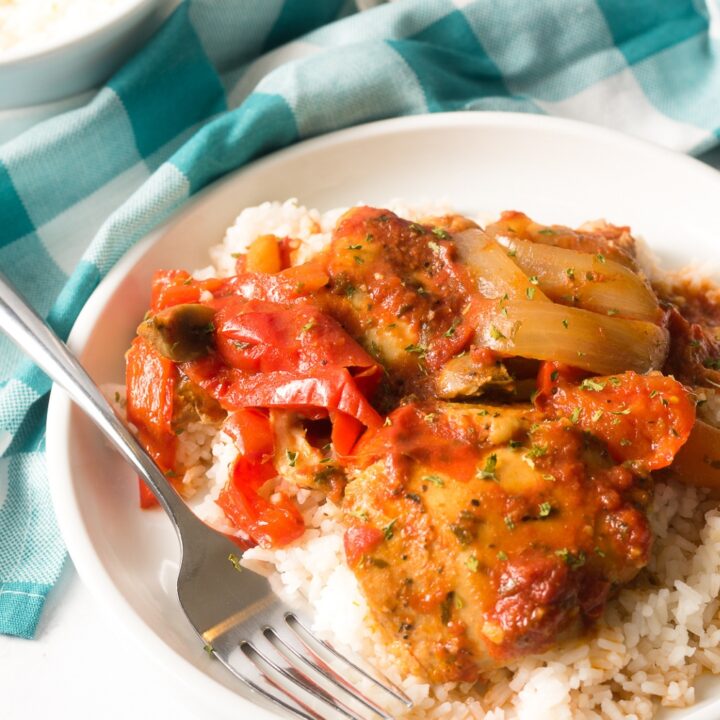 slow cooker chicken cacciatore on white plate