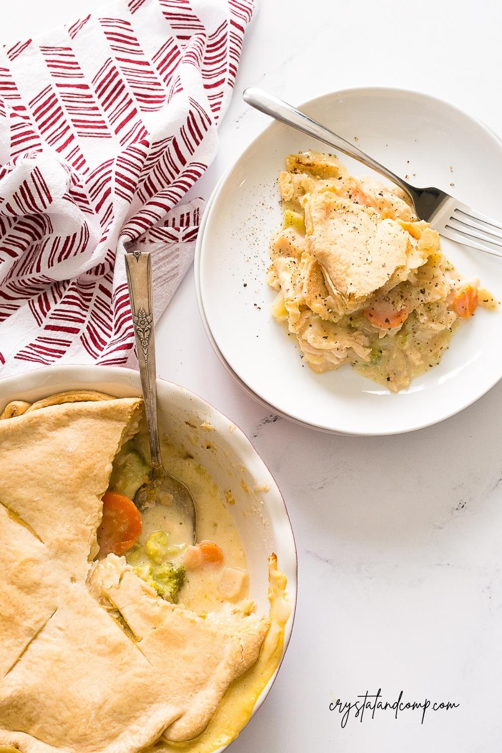 chicken pot pie in dish and plate