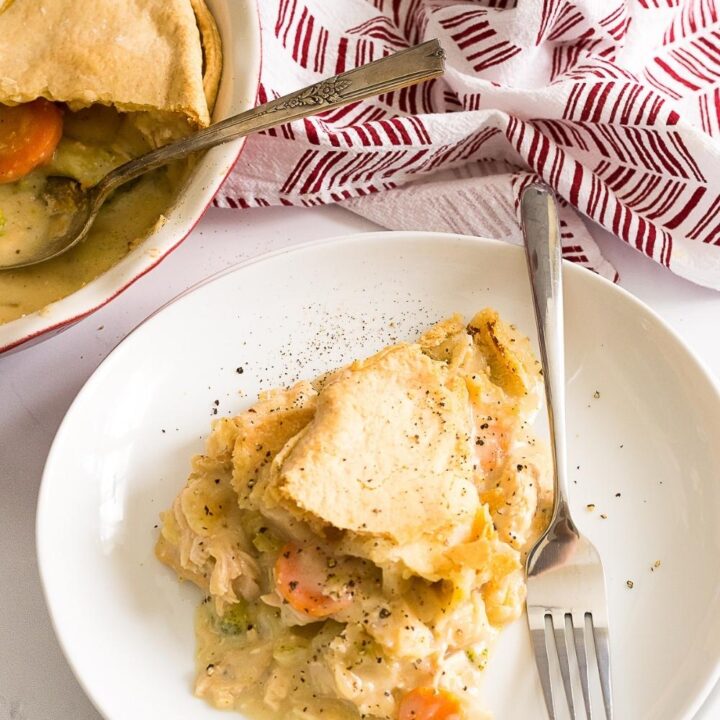 chicken pot pie on plate with fork