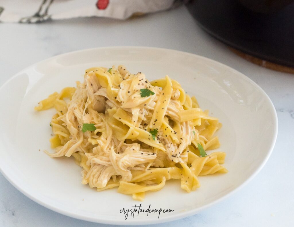 crockpot chicken and noodles on plate