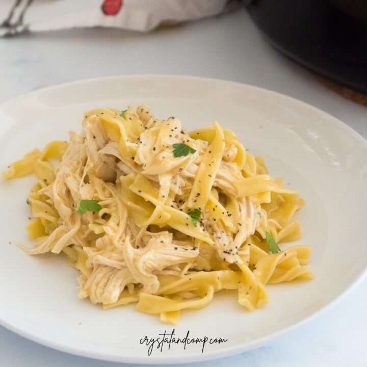 crockpot chicken and noodles on plate