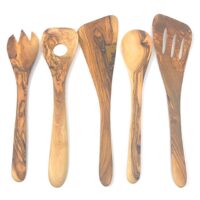 AramediA Wooden Cooking Utensil Olive Wood 5 Piece Set of Spatulas - Spoon, Fork, and Stirrers - Handmade and Hand Carved By Bethlehem Artisans near the birthplace of Jesus - Approximately 12 inches