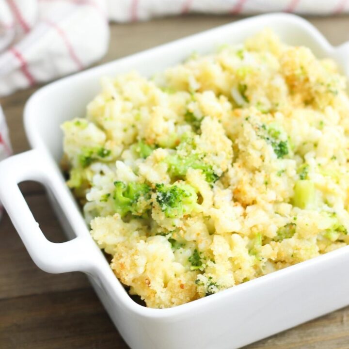 broccoli rice casserole recipe on wooden board