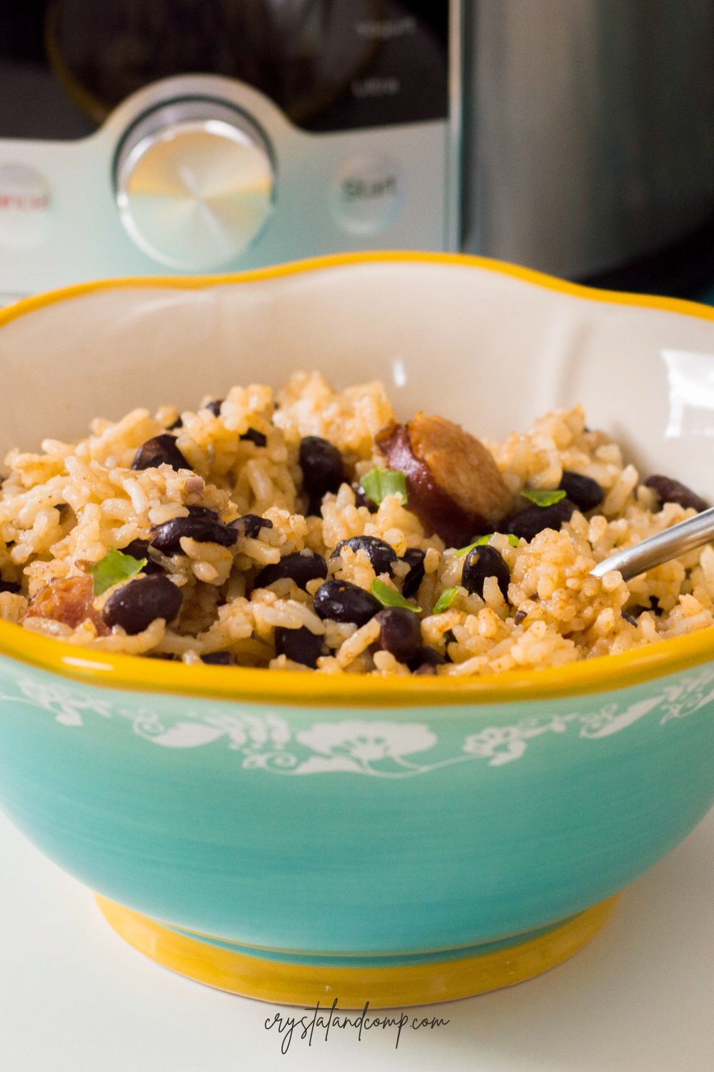 closeup instant pot beans and rice with sausage
