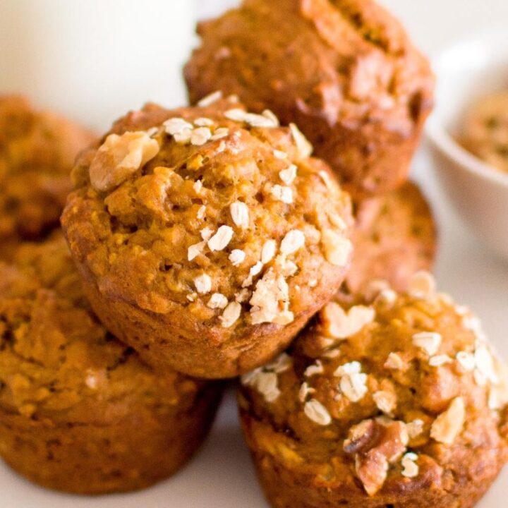 closeup of pumpkin oatmeal muffins with walnuts