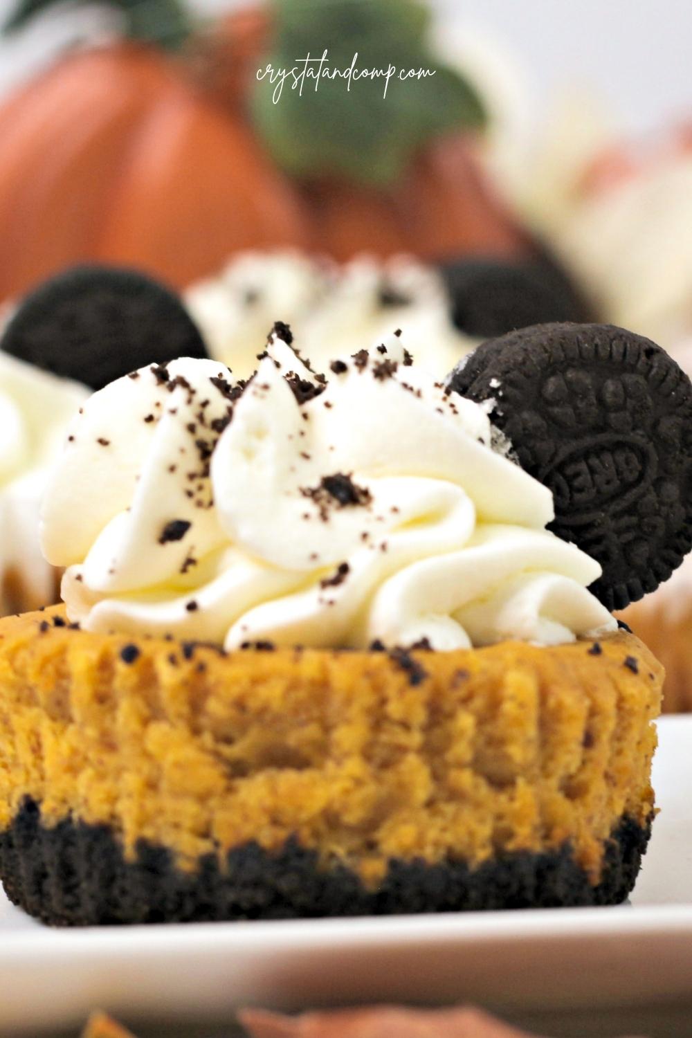 closeup of oreo pumpkin mini cheesecakes