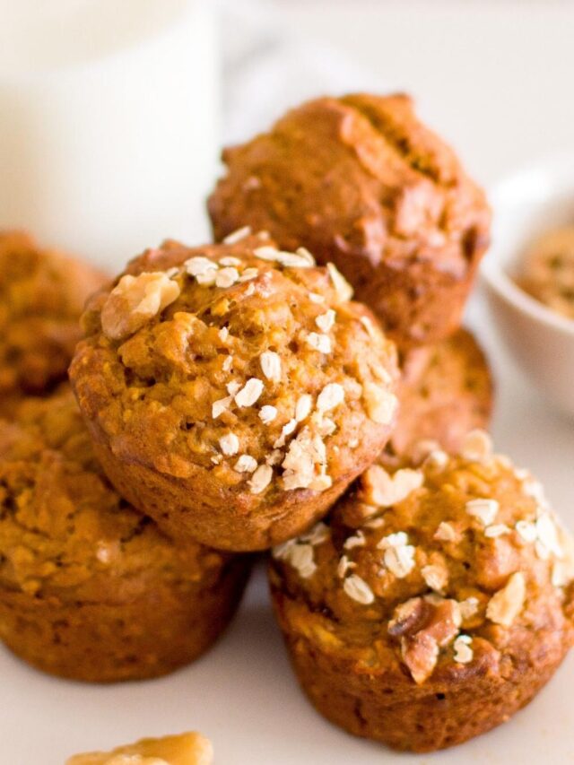 closeup of pumpkin oatmeal muffins with walnuts