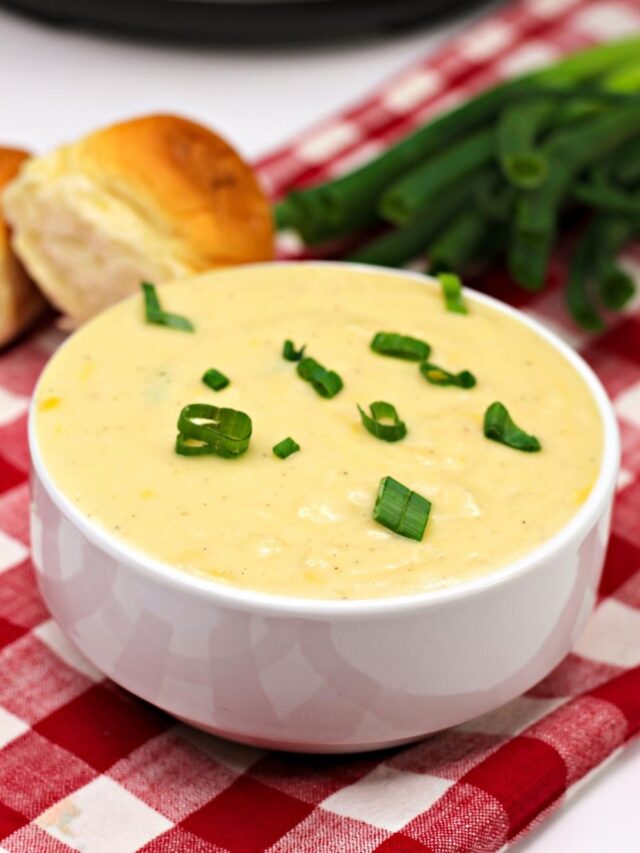 front of instant pot potato soup with bread