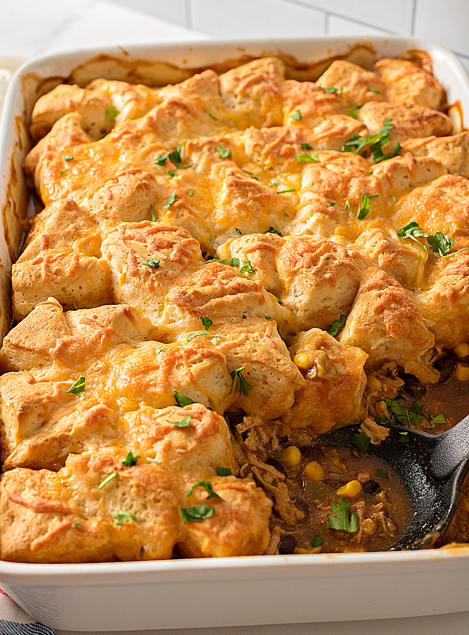 Chicken Enchilada Casserole with Biscuits