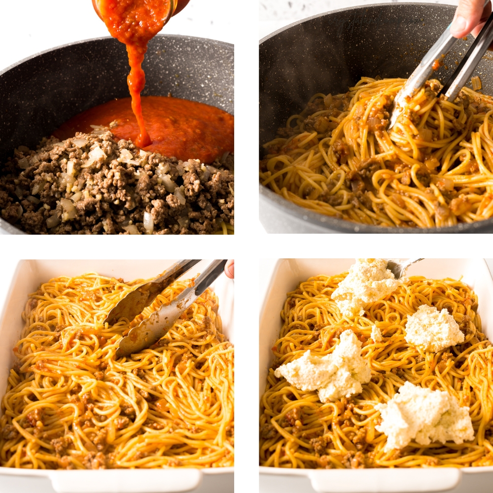 spaghetti casserole in process assebly