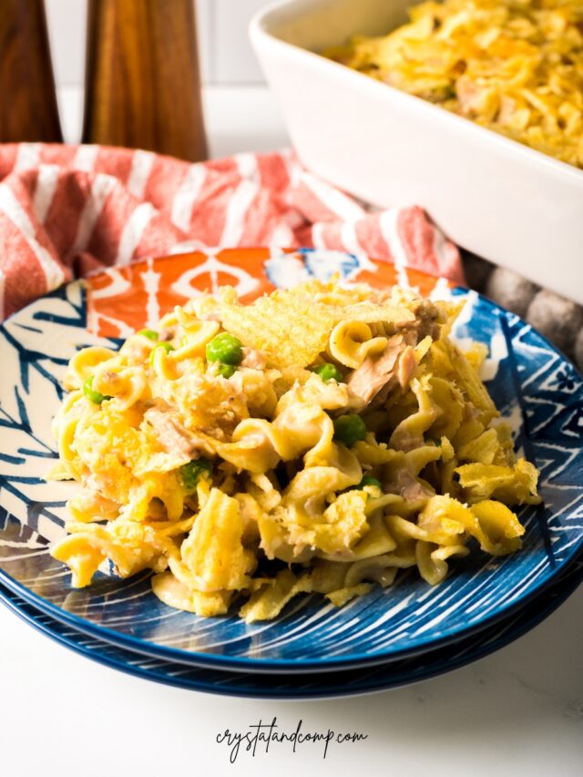 tuna casserole recipe on plate and pan