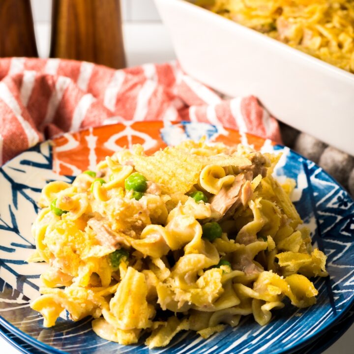 tuna casserole recipe on plate and pan