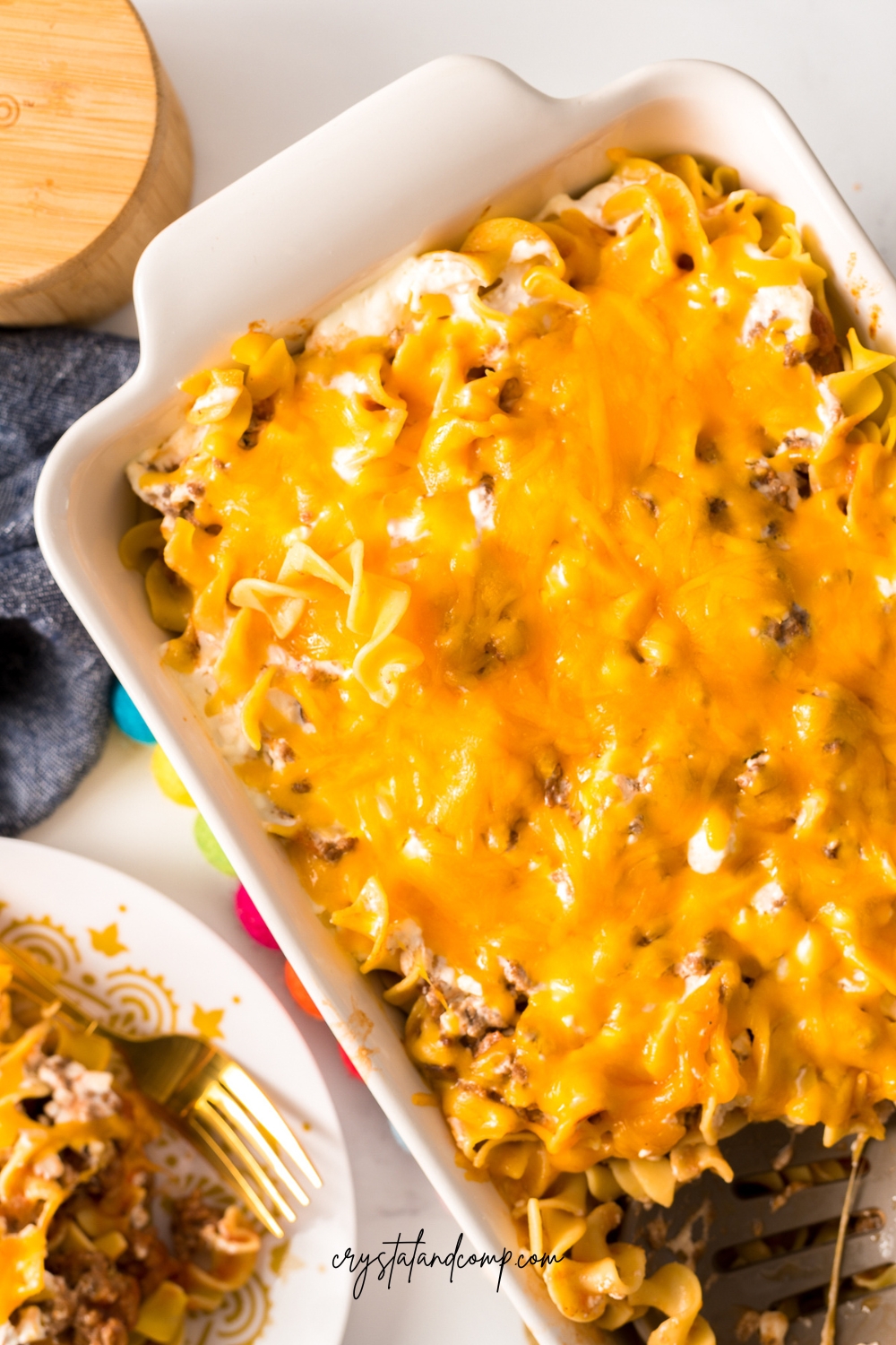 ground beef noodle bake in pan with spatula