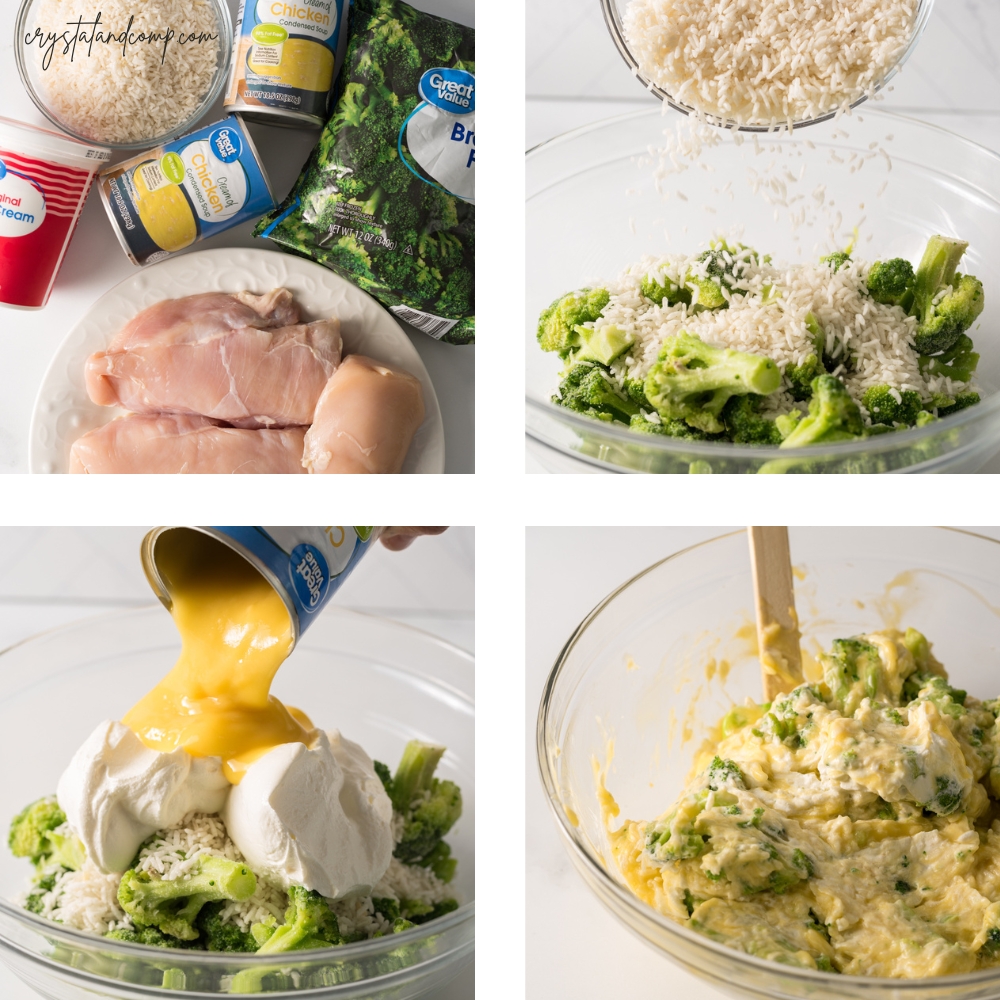 chicken broccoli rice casserole in process ingredients