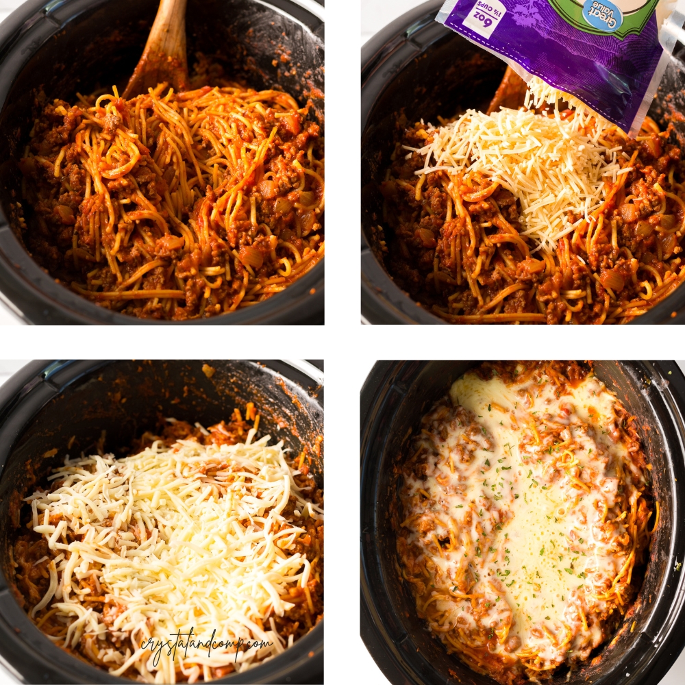 crockpot spaghetti in process serving