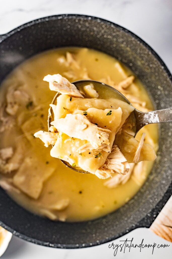 chicken and dumplings recipe in cast iron on spoon