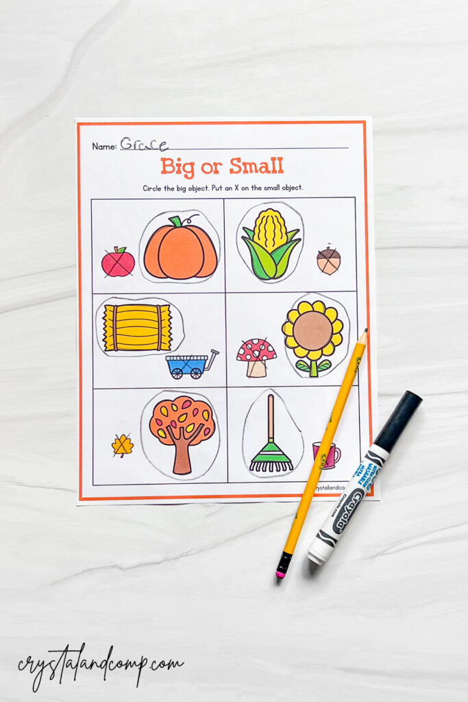 fall preschool comparison worksheets