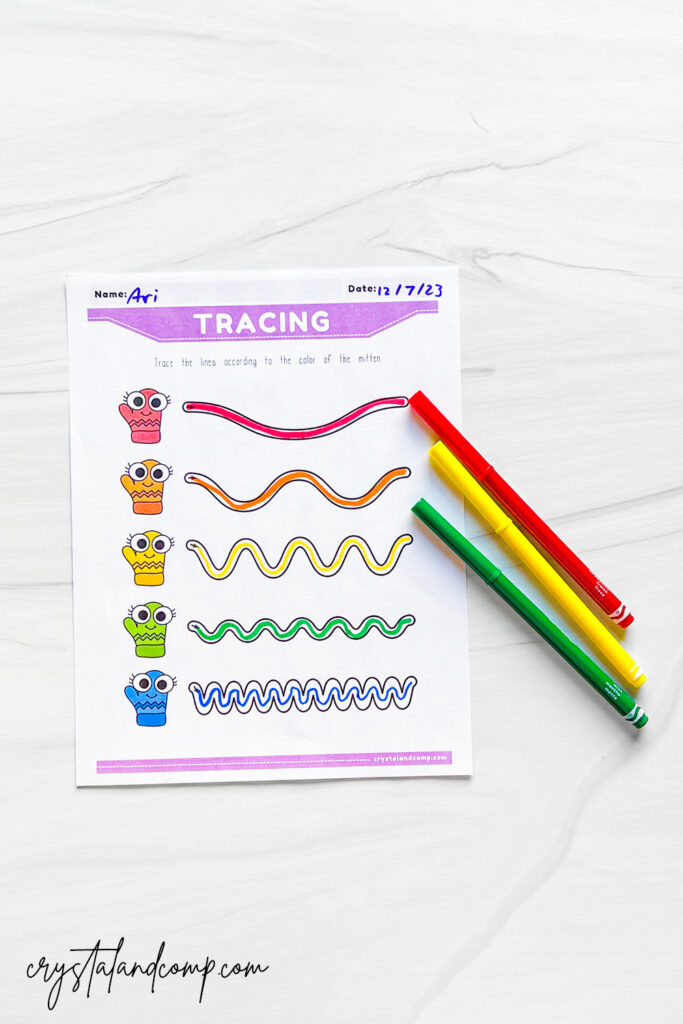 winter mitten line tracing for preschoolers