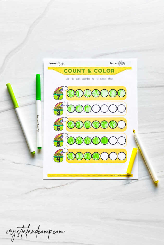 pot of gold count and color math printables