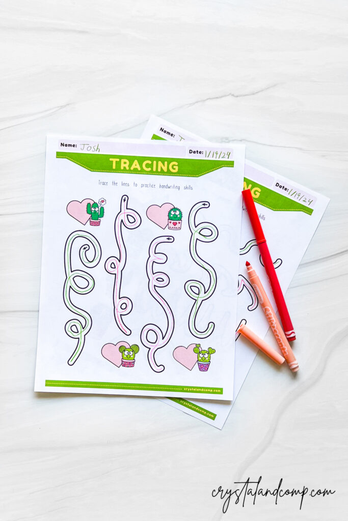 valentine cactus line tracing printables