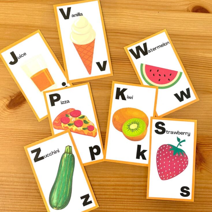 Image for Free Printable Alphabet Flash Cards (Food themed!)